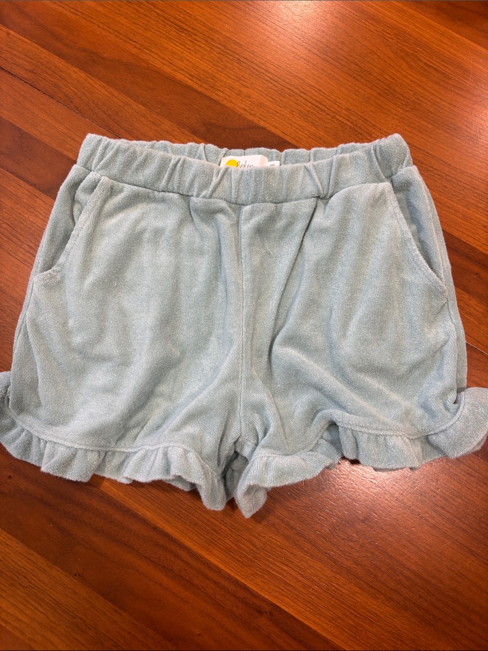 Boden girls terry cloth ruffle hem shorts, dark mint green, 10